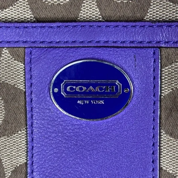 Coach Signature Monogram Canvas Purple Leather Trim Crossbody Bag - Picture 3 of 16